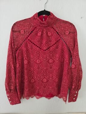 Saylor Aydan Lace Top Blouse Holly Berry Red Intricate Floral Design Faux Pearls